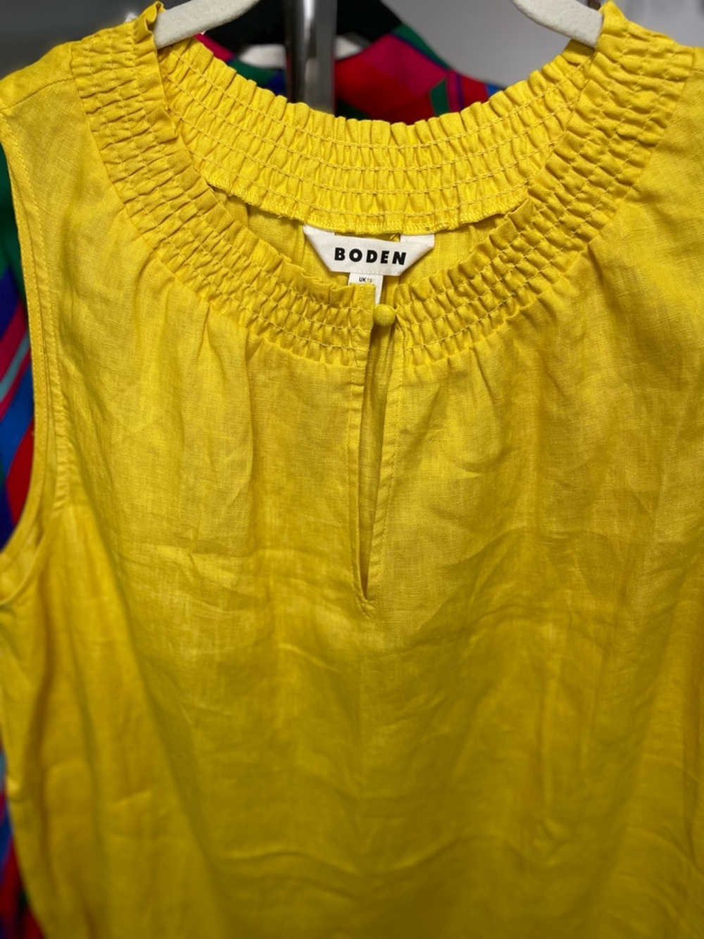 Boden 100% Linen Yellow Sleeveless Smocked Neck Blouse Size 10